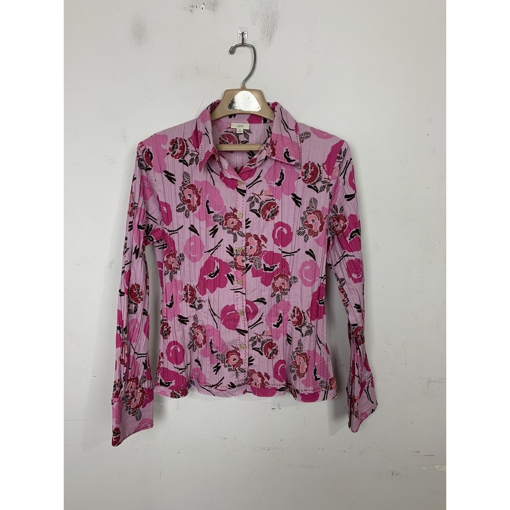 J Jill Womens Shirt Medium Pink Floral Fairy Spring Crinkle Valentines Button up